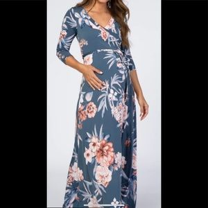 PINKBLUSH: Blue Pink Floral Wrap Maternity Maxi Dress